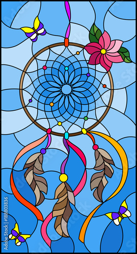 Illustration in stained glass style with dream catcher and butterflies on sky background