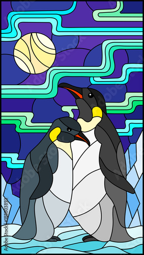 Illustration in stained glass style with a pair of penguins on a background of snow, moon and Northern lights