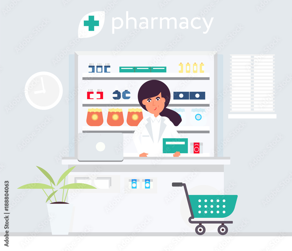 Pharmacist in the drug store flat design vector illustration. Cute charatcter. Poster design Pharmacist in the drug store flat design vector illustration. Cute charatcter. Poster design