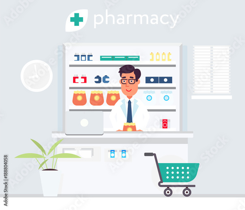 Pharmacist in the drug store flat design vector illustration. Cute charatcter. Poster design
