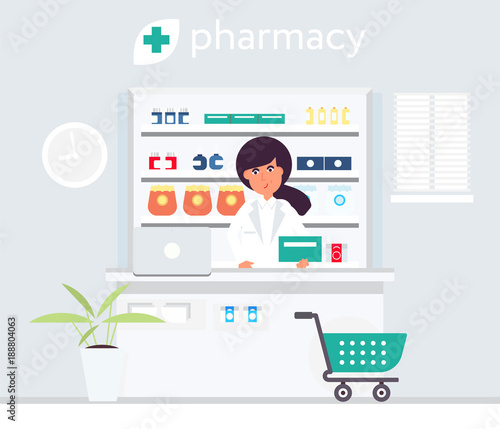 Pharmacist in the drug store flat design vector illustration. Cute charatcter. Poster design