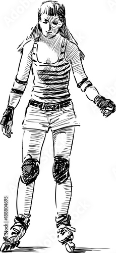 Teen girl rides on roller skates