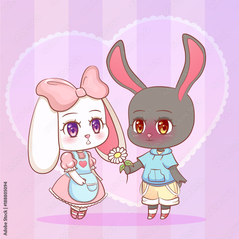 Sweet Little cute kawaii anime cartoon Puppy bunny rabbit boy and girl with  flower chamomile shape of a heart. Card for Valentine Day. Love and  friendship Children character Stock Vector | Adobe