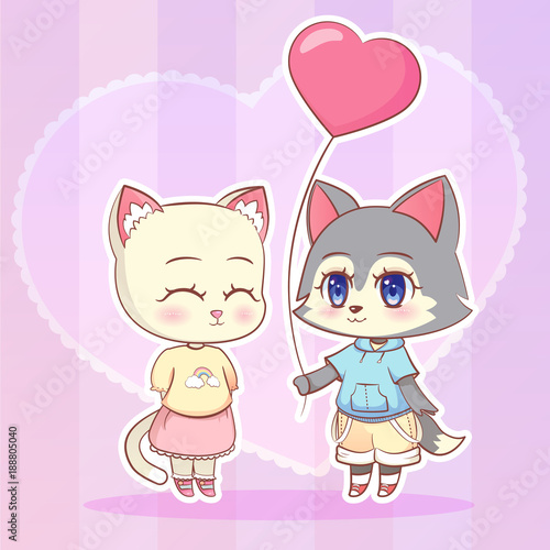 Sweet Little cute kawaii anime cartoon Puppy wolf dog puppy boy and cat, kitten girl with pink balloon in the shape of a heart. Card for Valentine Day. Love and friendship Children character