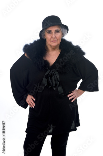 senior woman with hat on white background