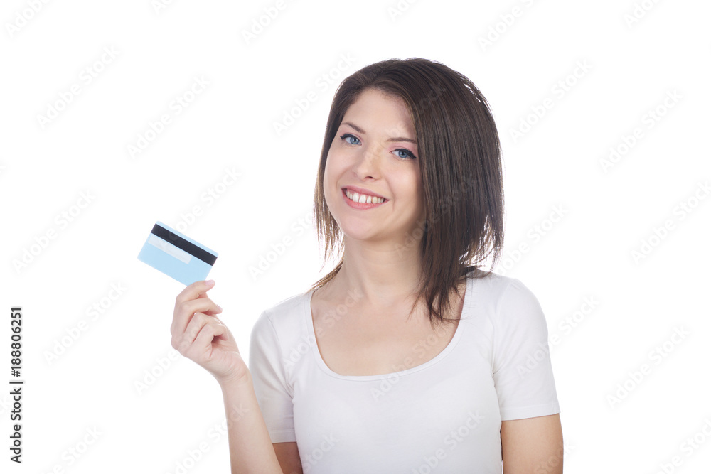 beautiful brunette holding credit card beautiful brunette holding credit card