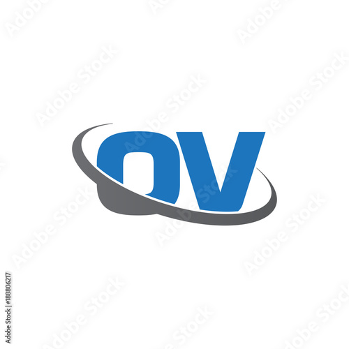 Initial letter OV, overlapping swoosh ring logo, blue gray color