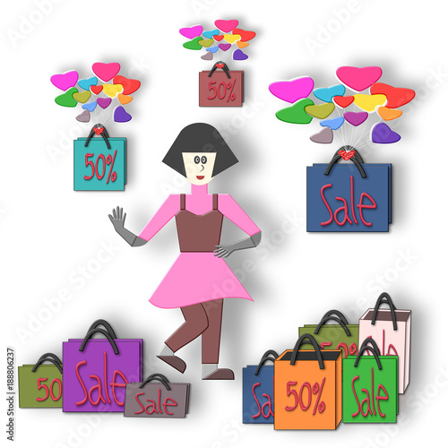 Woman and Bags Sale 50%, 50 percent discount illustration
