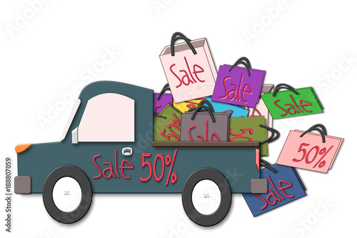 Bags Sale 50% in a pickup truck car, 50 percent discount illustration