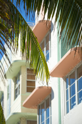 Architectural details in pastel colors of a traditional Art Deco building in Miami Beach, Florida, USA © lazyllama