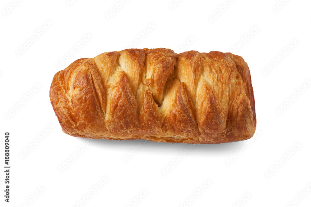 Baked bun with a beautiful pattern of puff pastry. Isolate on white background with shadow.