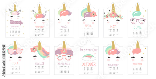 Cute Unicorn Calendar. Hand drawn kids doodle in vector