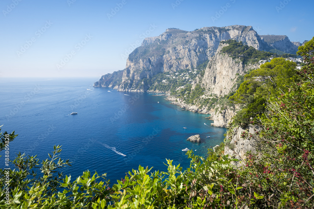 Scenic view of the dramatic mountain coastline of the Mediterranean island of Capri, Italy