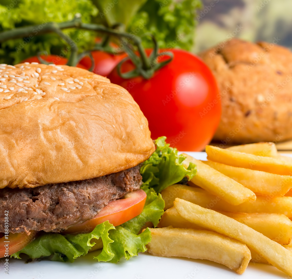 Chips And Burger Means French Fries And Bun
