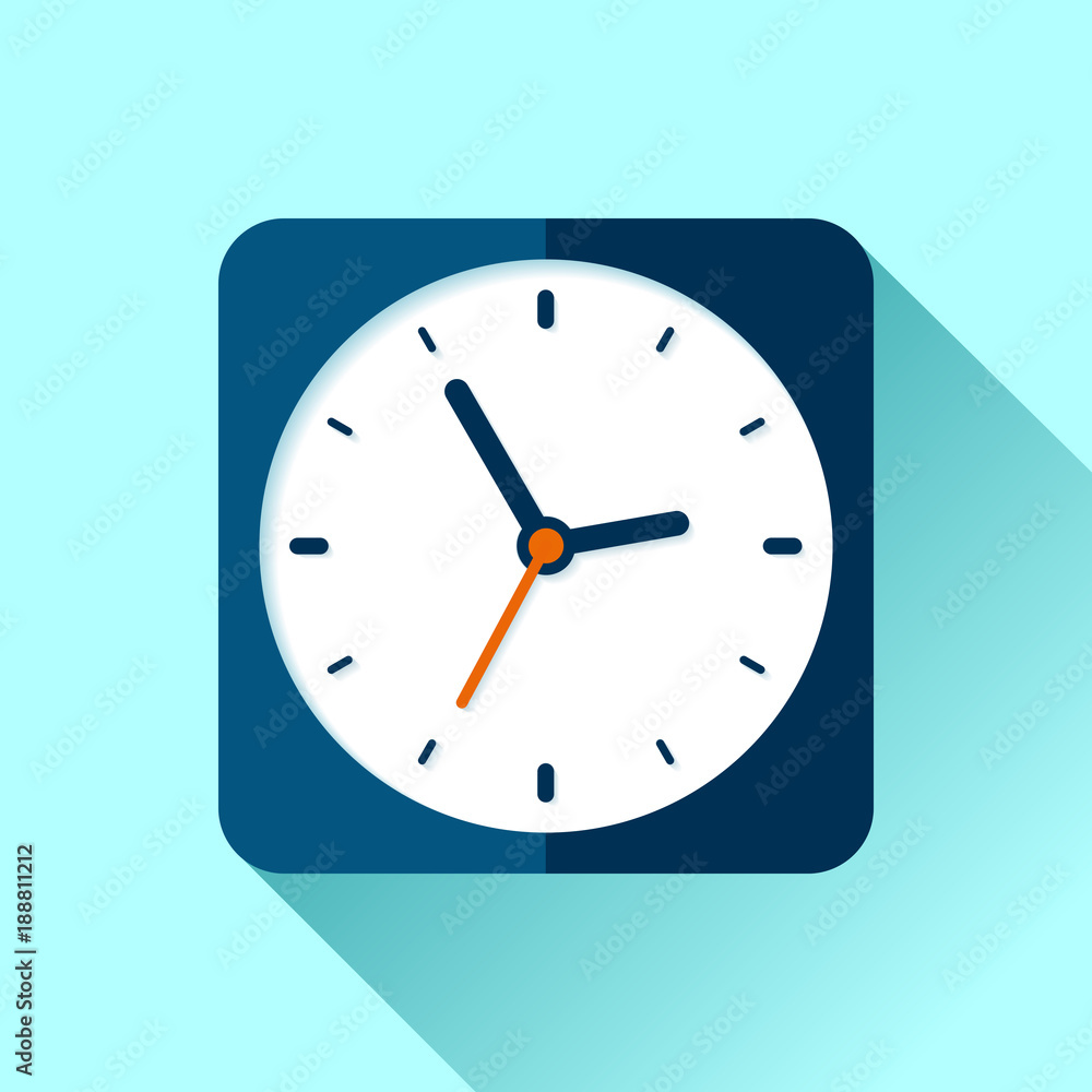 Clock icon in flat style, square timer on blue background. Business watch. Vector design element for you project Clock icon in flat style, square timer on blue background. Business watch. Vector design element for you project
