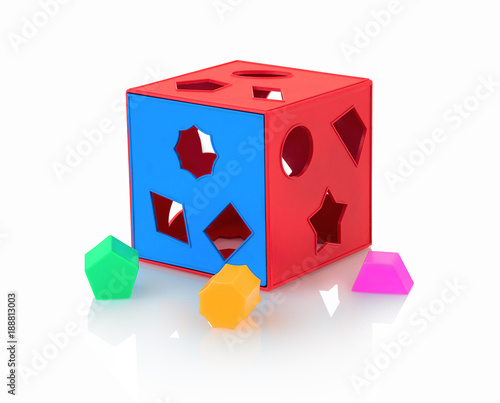 Colorful children's toy shape sorter isolated on white background with shadow reflection. The cubed shape sorter.