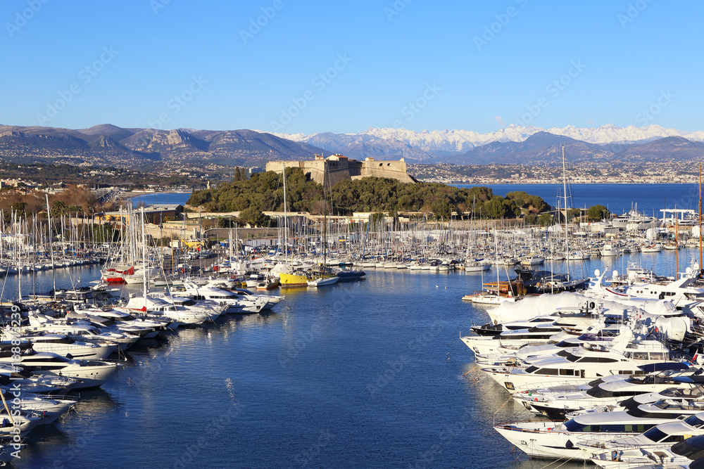 French Riviera, Antibes. View of port, yachts and fortress