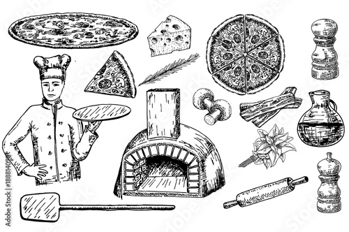 Pizza set vector ink hand drawn illustration