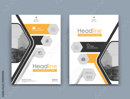 White info card mockup. A4 brochure cover design. Fancy official banner. Title sheet model set. Modern vector front page art. Urban city house board. Black, yellow frame, logo icon. Ad flyer text font