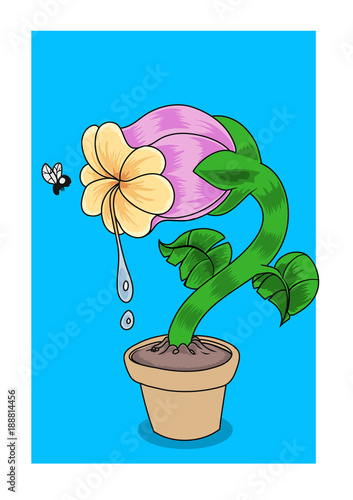 A hungry carnivorous flower looking at a fly. Vector illustration