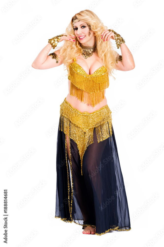 Portrait of beautiful blonde woman belly dancer isolated on white