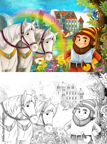 cartoon scene with dwarf near some beautiful rainbow waterfall and medieval castle illustration for children 