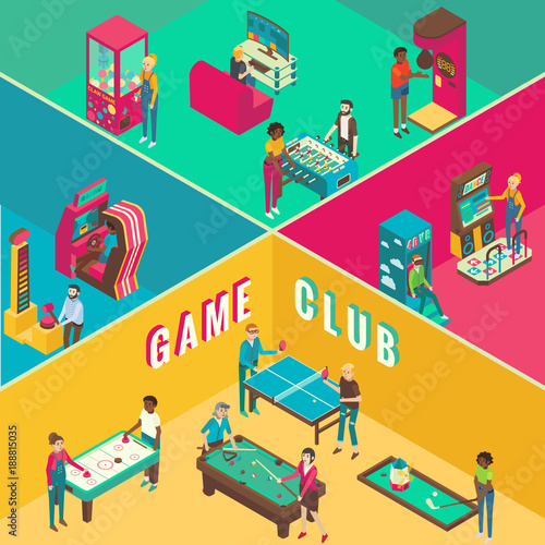 Game club cutaway interior vector flat 3d isometric illustration.