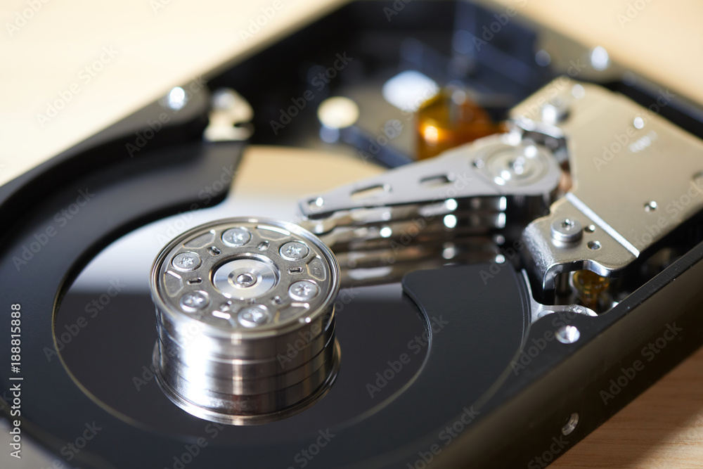 Internals of SATA hard disk drive, shallow depth of field Internals of SATA hard disk drive, shallow depth of field