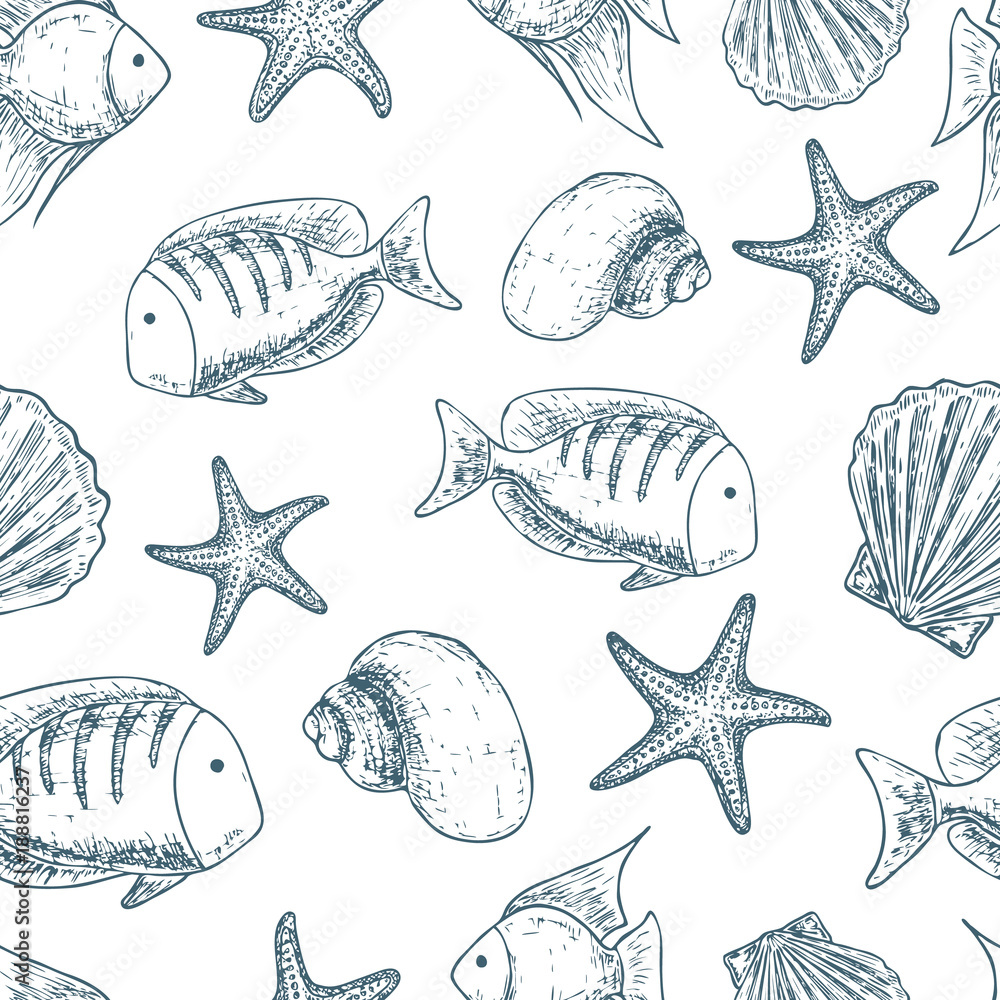 Seamless pattern of tropical sea fishes, cartoon illustration of beach summer background. Vector