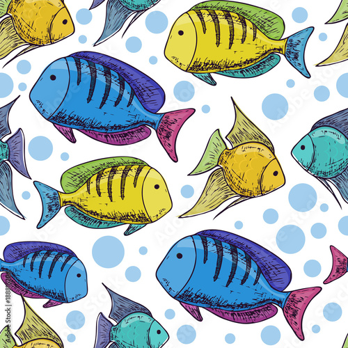 Seamless pattern of tropical sea fishes, cartoon illustration of beach summer background. Vector