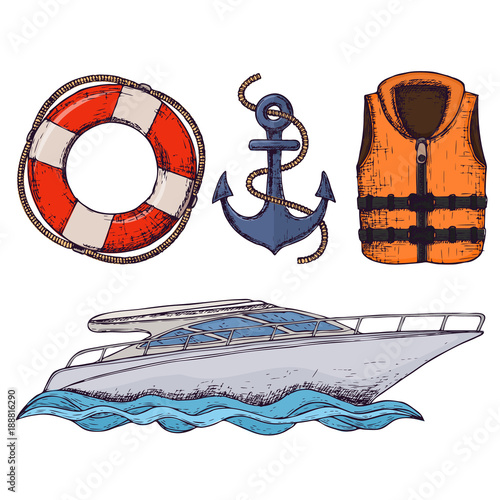 Yacht and water transport accessories on white background, cartoon illustration. Vector