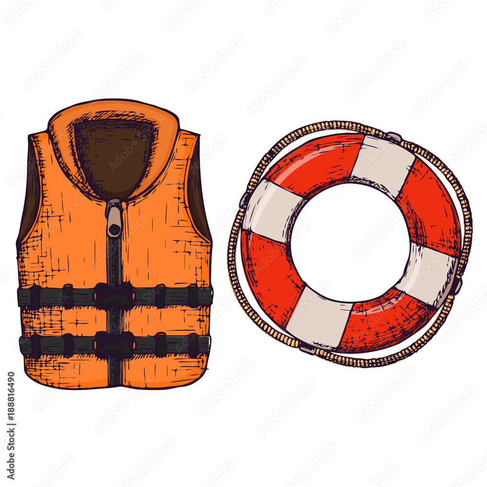 Life jacket and life buoy on white background, cartoon illustration of