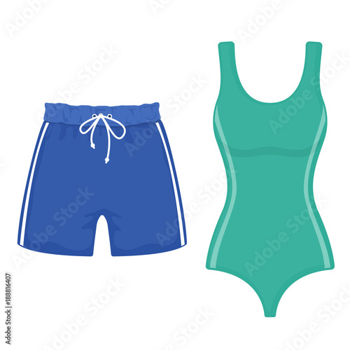 Swimsuit and swimming trunks on white background, cartoon illustration of beach accessories for summer holidays. Vector