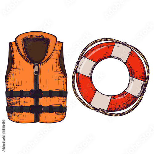 Life jacket and life buoy on white background, cartoon illustration of beach accessories for summer holidays. Vector