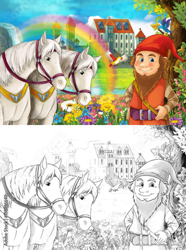 cartoon scene with dwarf near some beautiful rainbow waterfall and medieval castle illustration for children  © honeyflavour