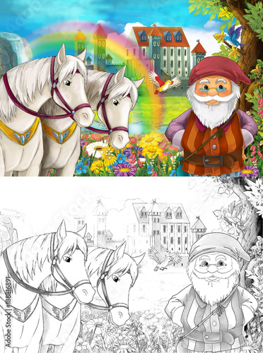 cartoon scene with dwarf near some beautiful rainbow waterfall and medieval castle illustration for children  © honeyflavour