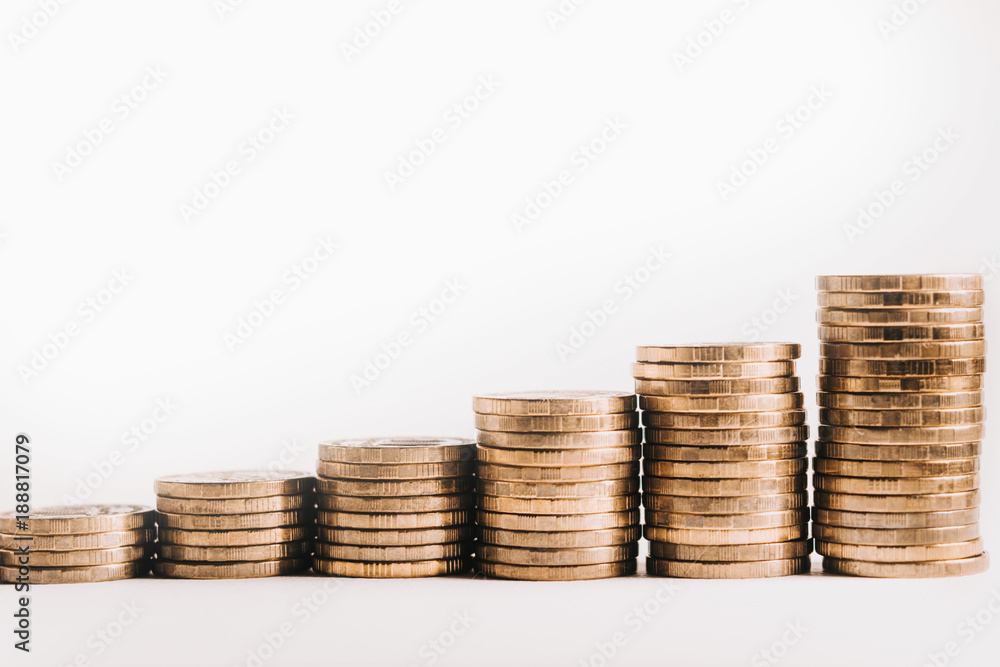 Pile of gold coins, ascending. Isolated white background. Pile of gold coins, ascending. Isolated white background.