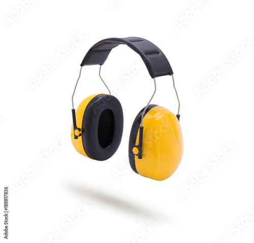 Yellow black ear protectors isolated on white background