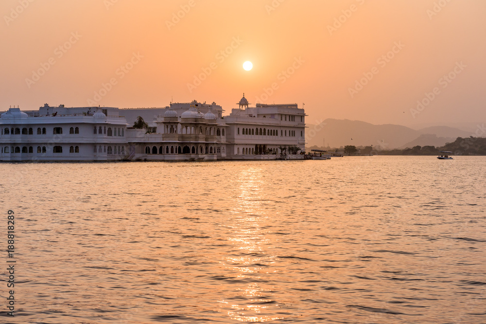 sunset over the Lake Palace in Lake Pichola in Udaipur, Rajasthan