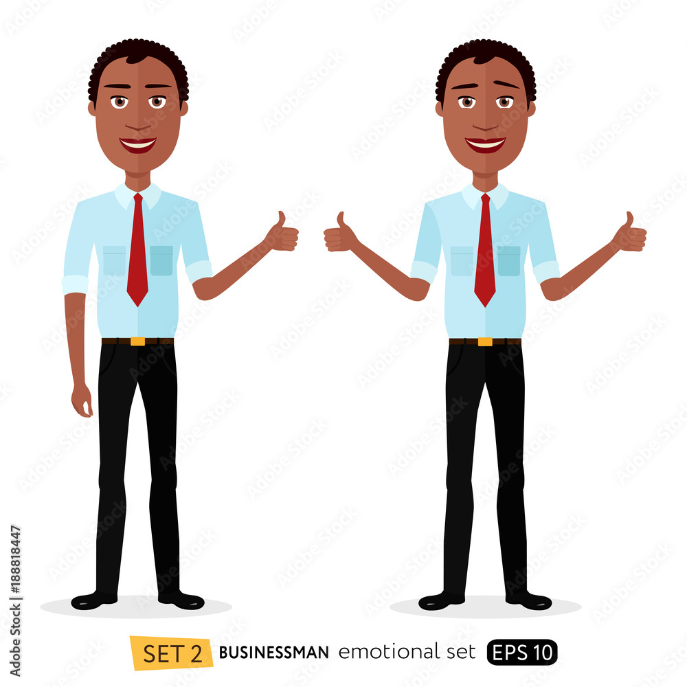 Glad smile happy african american business man showing thumbs up cartoon vector isolated on white Glad smile happy african american business man showing thumbs up cartoon vector isolated on white
