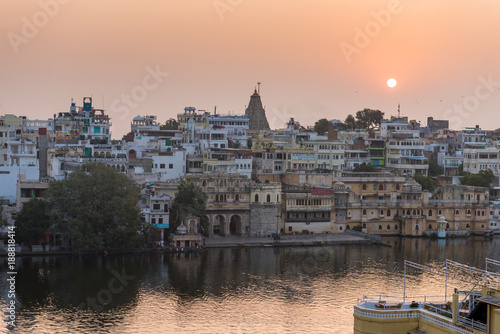 Sunrise over the roofs of Udaipur  Rajasthan