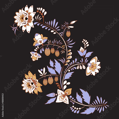 stock vector abstract hand draw flower and wave, doodle bouquet. oriental or arabic, russia textile design. template for card. banner