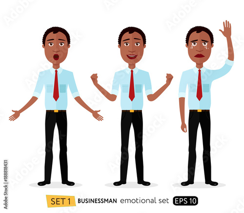 Admiration suprised african american business man waving her hand and cried emotion collection set vector isolated flat