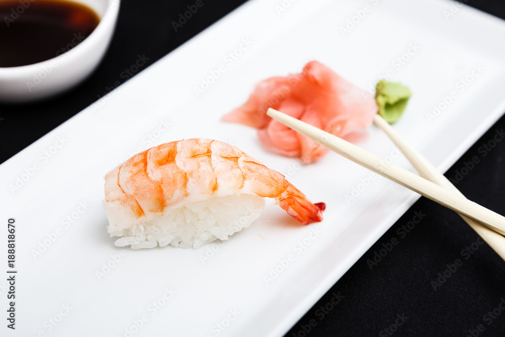 Shrimp sushi served on a plate Shrimp sushi served on a plate