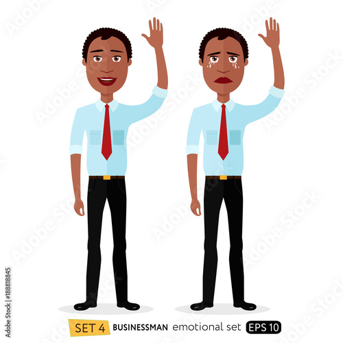 Set of emotions for African American businessman waving hand goodbye cartoon vector