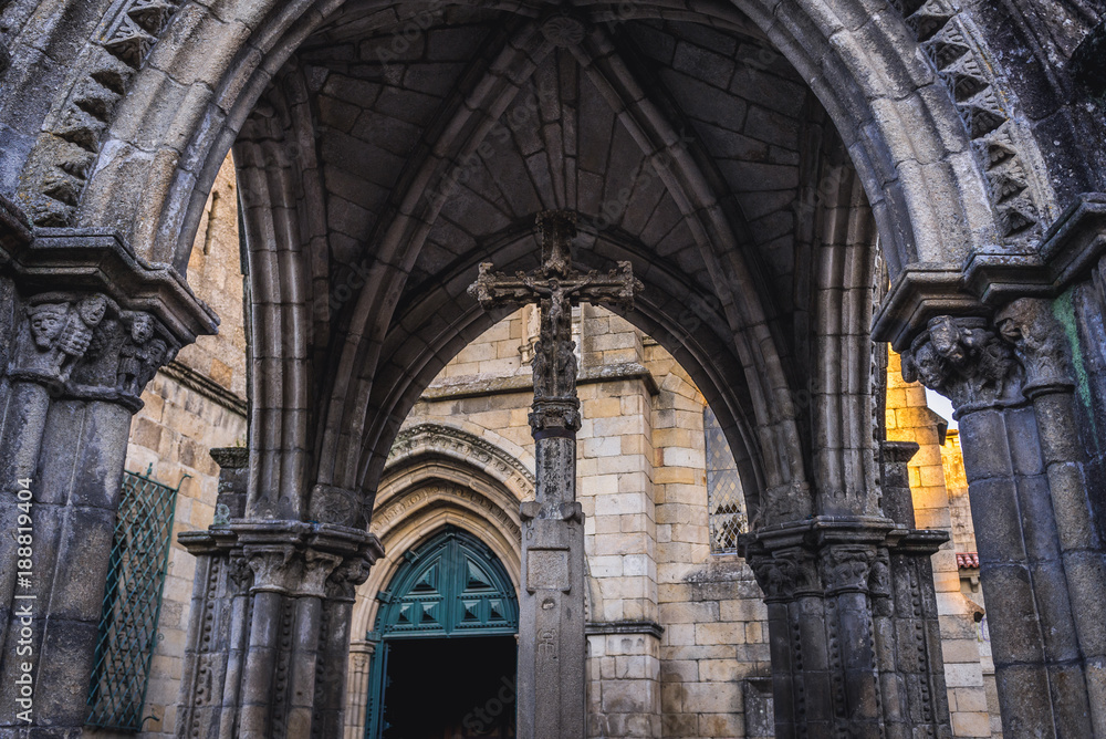 Gothic porch in front of Nossa Senhora da Oliveira medieval church in Guimaraes city, Norte region of Portugal