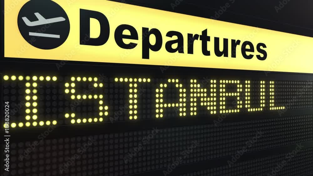 Flight to Istanbul on international airport departures board. Travelling to Turkey conceptual intro animation
