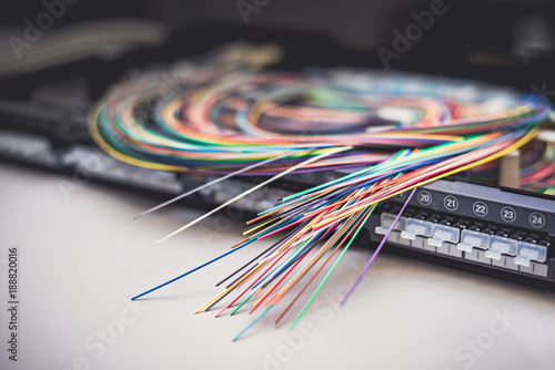 Konstfotografi Fibre optic cables on patch distribution panel