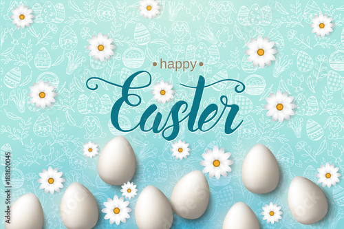 Easter poster with eggs, chamomile hand made trendy lettering "Happy Easter" on blue pattern with paschal symbols in sketch style. Banner, flyer, brochure. Background for holidays, postcards, websites