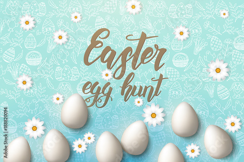 Easter poster with eggs, chamomile, hand made trendy lettering "Easter egg hunt" and paschal symbols in sketch style on blue. Banner, flyer, brochure. Background for holidays, postcards, websites